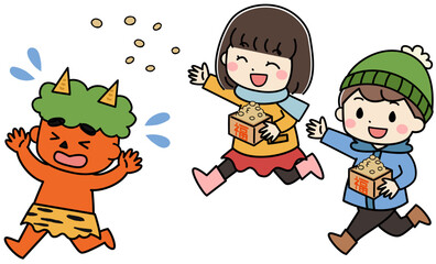 節分で鬼に豆まきをする子供たちのイラスト