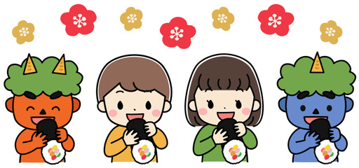 節分で恵方巻を食べる鬼と子供たちのイラスト