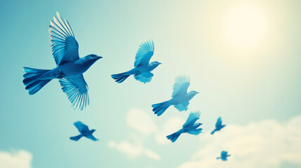 Flying blue birds as eagle, hawk, falcon and dove in flight. For business, delivery, transportation or travel design
