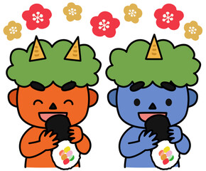 節分で恵方巻を食べる鬼たちのイラスト