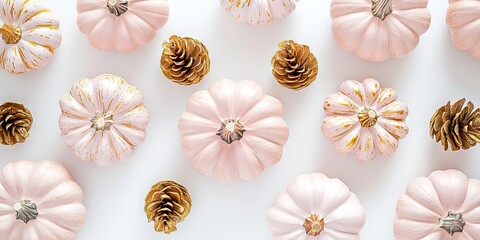 Pink painted pumpkins in varying sizes arranged with golden pine cones on a clean white background creating a soft autumn aesthetic