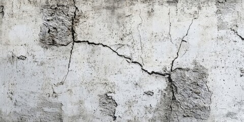 Obraz premium Closeup of aged cracked concrete wall featuring a textured gray surface with deep fissures prominently positioned throughout the background