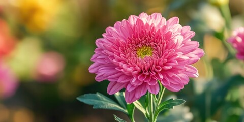 Obraz premium Vibrant pink chrysanthemum in full bloom against a soft blurred background of greens and yellows, showcasing lush leaves and intricate petals.