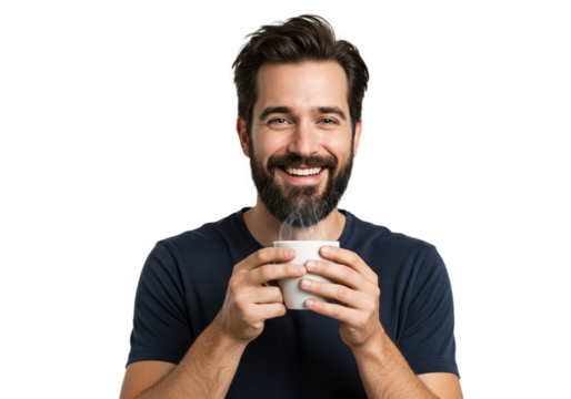 Happy Man Enjoying Hot Coffee Drink Morning Beverage Smiling Mug Tea Cup Warm Male Cafe Home Steam