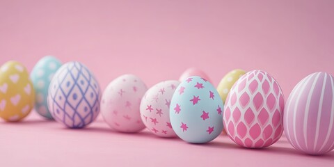 Fototapeta premium Pastel colored Easter eggs with floral and geometric designs arranged in a row on a soft pink background creating a festive ambiance