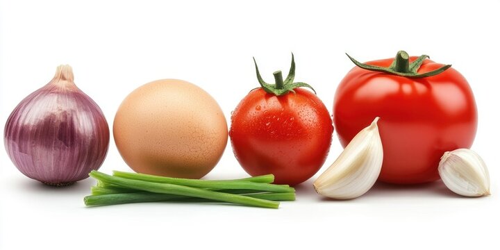 Fresh vegetables and egg arranged from left to right: purple onion, egg, tomato, green onion, garlic cloves on a white background.