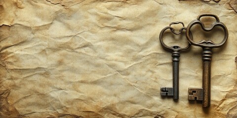 Vintage keys resting on textured aged paper background with warm brown hues and ample copy space on the right for customizable text usage.
