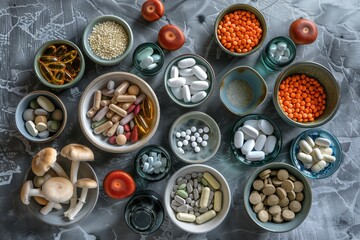 Various dietary supplements and herbs arranged on a textured surface in natural light