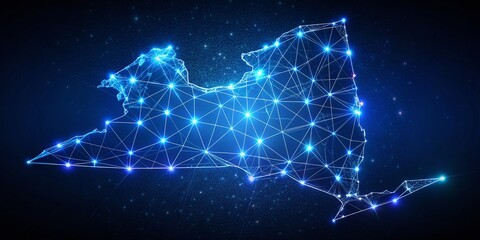 Glowing Starry New York State Map - Low Polygonal Drone Aerial View