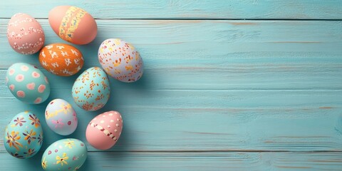 Pastel-colored wooden background in teal with painted Easter eggs in pink, orange, and blue arranged on the right side for festive text space.