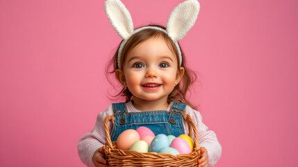 Portrait of a smiling toddler girl with bunny ears holding easter eggs