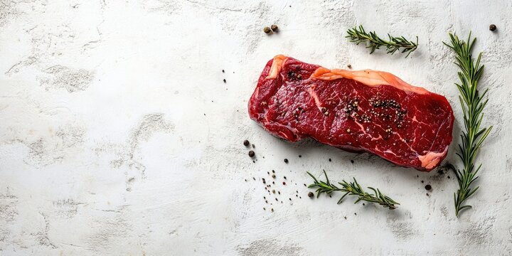 Fresh organic top blade steak displayed on a white textured background with green rosemary accents and black peppercorns positioned to the right