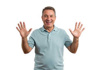 Happy Senior Man Gesturing Hands Up Smiling Portrait Studio male face adult model image photo human 