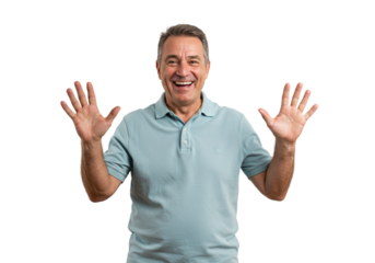 Happy Senior Man Gesturing Hands Up Smiling Portrait Studio male face adult model image photo human 