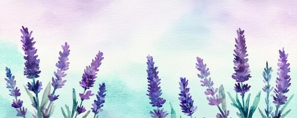 Framed watercolor concept. Vibrant lavender flowers sway against a soft pastel background, evoking tranquility.