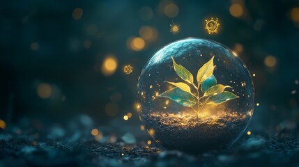Magical glass orb containing growing plant, illuminated from within, holographic eco-friendly icons orbiting, ethereal golden energy glow, floating power symbols, deep blue atmospheric background,