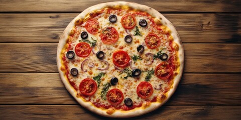 Delicious round pizza topped with vibrant red tomatoes, black olives, and herbs on a rustic wooden surface with warm brown tones.