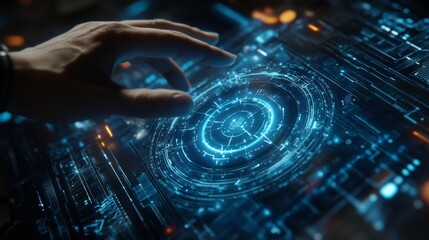 Futuristic holographic interface with glowing solar panel button, wireframe digital hand reaching toward interactive power icon, neon blue cybernetic activation ring, deep space background,