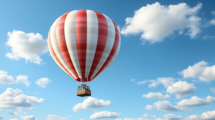 Naklejka premium Red and white striped hot air balloon soaring through a partly cloudy sky