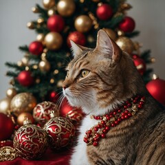 A Turkish cat surrounded by red and gold ornaments for the holiday season.