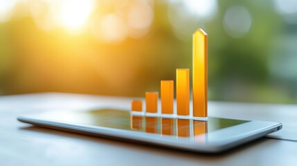 Data driven decisions, tablet displaying dynamic bar chart for business performance analysis