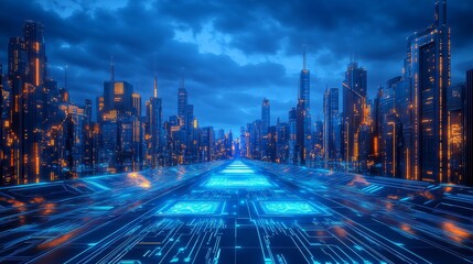 Fototapeta premium Advanced digital cityscape with pulsing central processor, flowing circuit board ground plane, holographic tower projections, electric blue energy streams, technological matrix patterns, deep