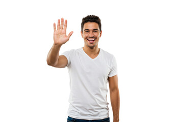 Happy Smiling Man Waving Hand Hello Gesture Friendly White TShirt wave male black model young adult 