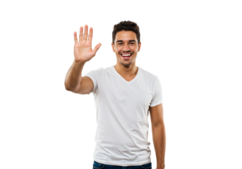 Happy Smiling Man Waving Hand Hello Gesture Friendly White TShirt wave male black model young adult 