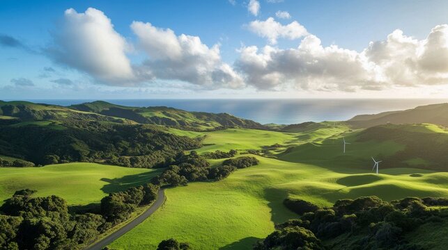 Modern wind farm amidst lush green valley, elegant turbine blades catching sunlight, rolling pastoral hills, pristine blue sky backdrop, scattered fluffy clouds, morning atmospheric lighting,