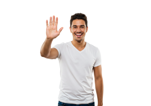 Happy Smiling Man Waving Hand Hello Gesture Friendly White TShirt wave male black model young adult 