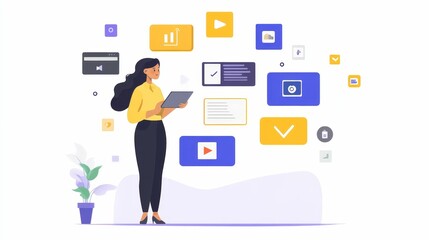 Obraz premium Woman using tablet surrounded by floating icons and shapes.