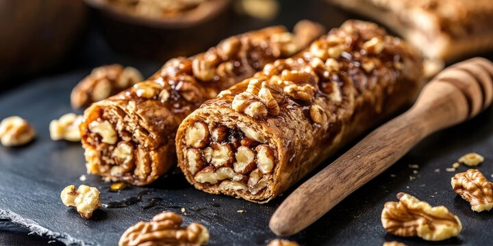 Rustic nut roll with walnuts and honey on dark slate backdrop vertical composition rustic dessert spatula blurred walnuts in foreground