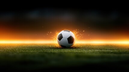 Fototapeta premium Brightly lit soccer ball on lush green grass field, a captivating sports scene 