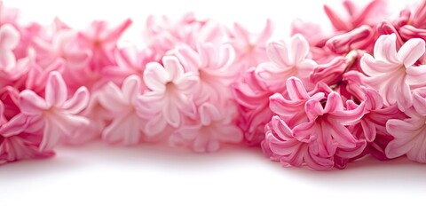 Fototapeta premium Delicate pink hyacinth flowers arranged in a wavy line against a bright white background ideal for spring-related text and floral designs.