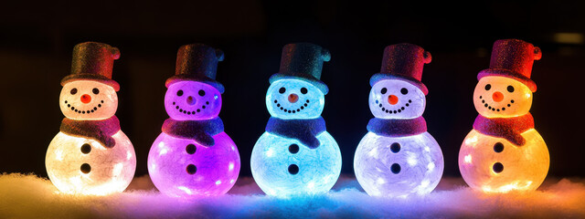 Five colorful glowing snowmen with hats and scarves illuminate the night in festive cheer, reflecting holiday spirit and warmth.