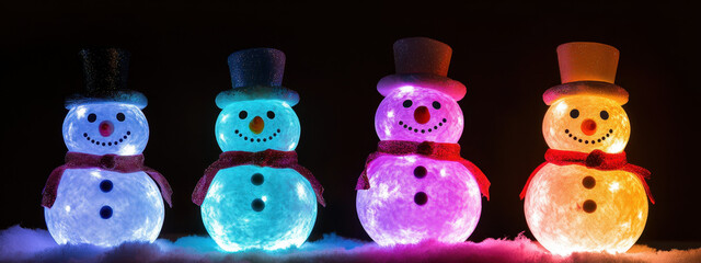 Vibrant snowmen glow with multicolored lights, standing in a row on a snowy surface against a dark background, capturing the whimsical spirit of winter festivities.