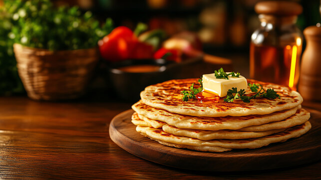 Ethiopian Chechebsa spiced flatbread dish, garnished with honey and butter in a cozy family kitchen, [African breakfast treats, hearty simplicity]