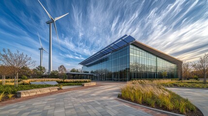 Obraz premium Clean energy infrastructure panorama with colossal windmills, angled solar collector installation, precision-trimmed greenery border, contemporary urban architecture, dancing botanical elements,