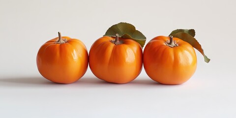 Obraz premium Three vibrant orange persimmons with green leaves arranged evenly against a clean white background creating a fresh and appetizing composition.