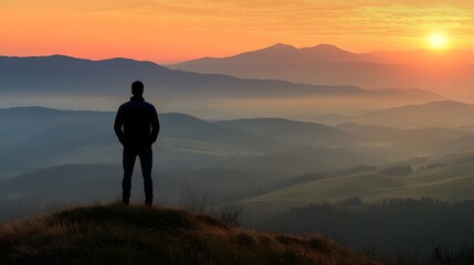 Obraz premium Man Silhouetted Against Sunset Over Rolling Mountains