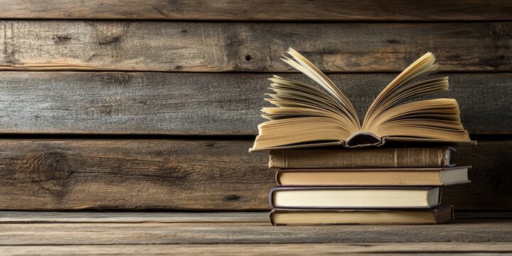 Open book on top of a stack of hardback books positioned on a rustic wooden table with a textured background featuring warm brown tones.
