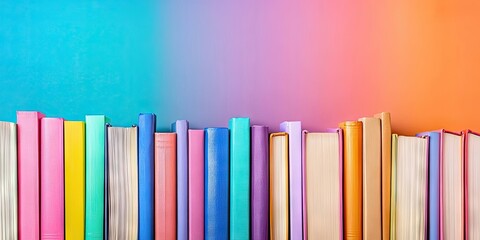 Colorful array of hardback books in pastel shades positioned against a gradient background of blue and orange ideal for educational themes