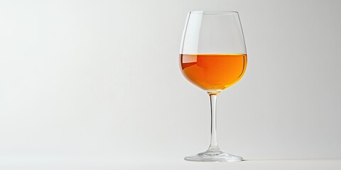 Elegant long stemmed glass filled with amber orange wine against a minimalist soft white background highlighting the drink's rich tones and clarity