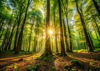 Fototapeta premium Golden Sunlight Filtering Through Lush Forest Canopy