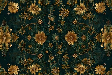 Elegant and decorative wallpaper background featuring green and gold floral patterns. Generative AI