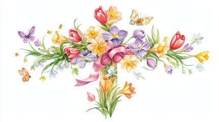 Naklejka premium Easter cross of flowers festive poster. Christian religion crucifix symbol with tulip, narcissus and crocus flowers, ribbon, bow, leaves and butterflies. Easter Sunday and He Is Risen greeting card