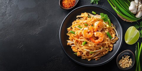 Flavorful Pad Thai with shrimp on a black plate, garnished with lime, green onions, and peanuts, set on a textured black table surface.