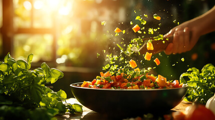 French Ratatouille Provencal vegetable stew, garnished with fresh herbs in a rustic sunlit kitchen, [European healthy dishes, cultural artistry]