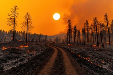 A long perspective shot of a burnt trail winding through a forest, with ash-covered ground and smoke still lingering in the air under a hazy orange sky