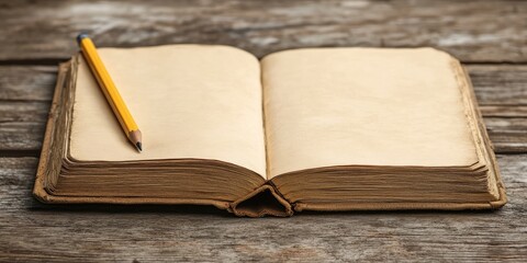 Naklejka premium Open antique book with yellow pencil on the left, resting on rustic wooden background, warm earthy tones enhancing the vintage atmosphere.
